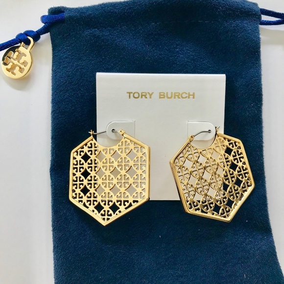 Tory Burch Jewelry - Tory Burch Gold Perforated Logo Hexa Hoop Earrings